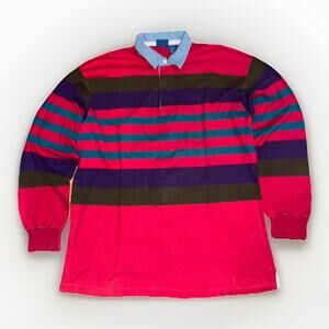 Vintage Cambridge Classic Rugby Shirt XL Red Multi Stripe 90s Long Sleeve Polo